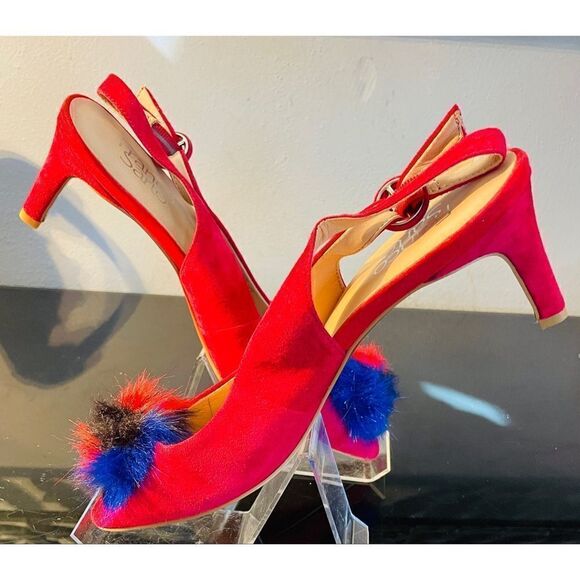 Franco Sarto Suede Slingback Heels Size 8.5 M NWT 3" Heel Red With Faux Fur Poof - Picture 3 of 11